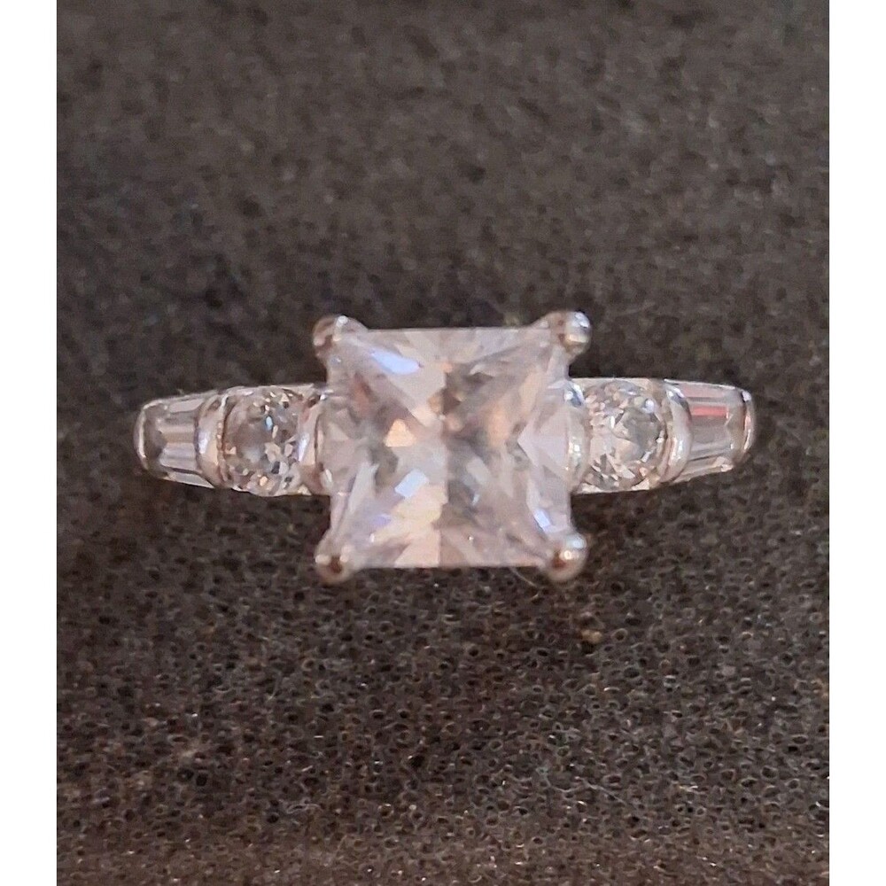 silver plate ring LG square princess-cut center stone w/baguette sides SZ 7.25